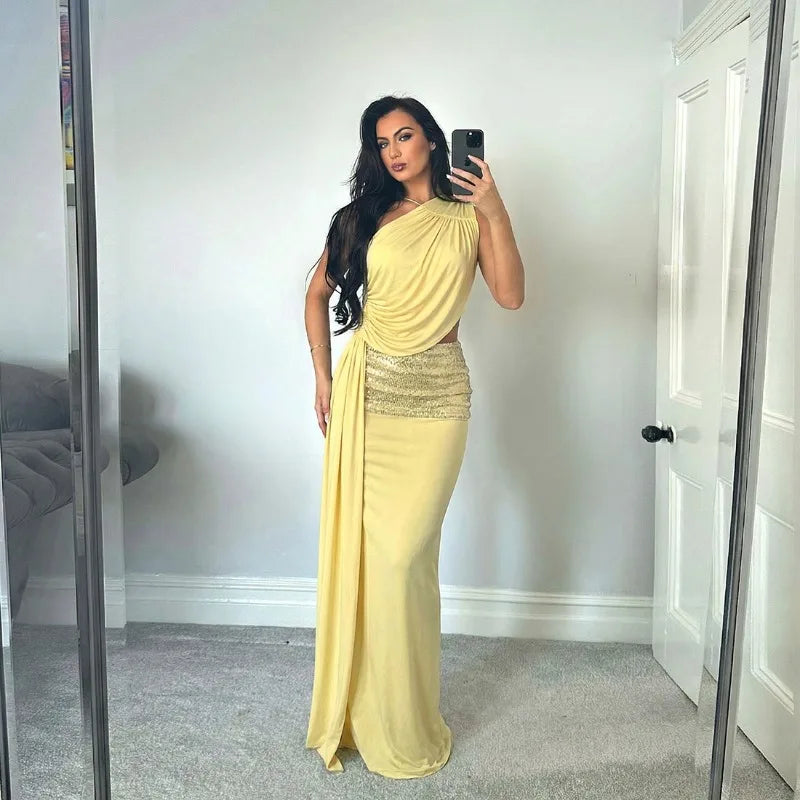 Yellow Two Piece Set Sequin-embellished Maxi Skirt and Top Beach Party Outfits for Woman Sexy Clothes
