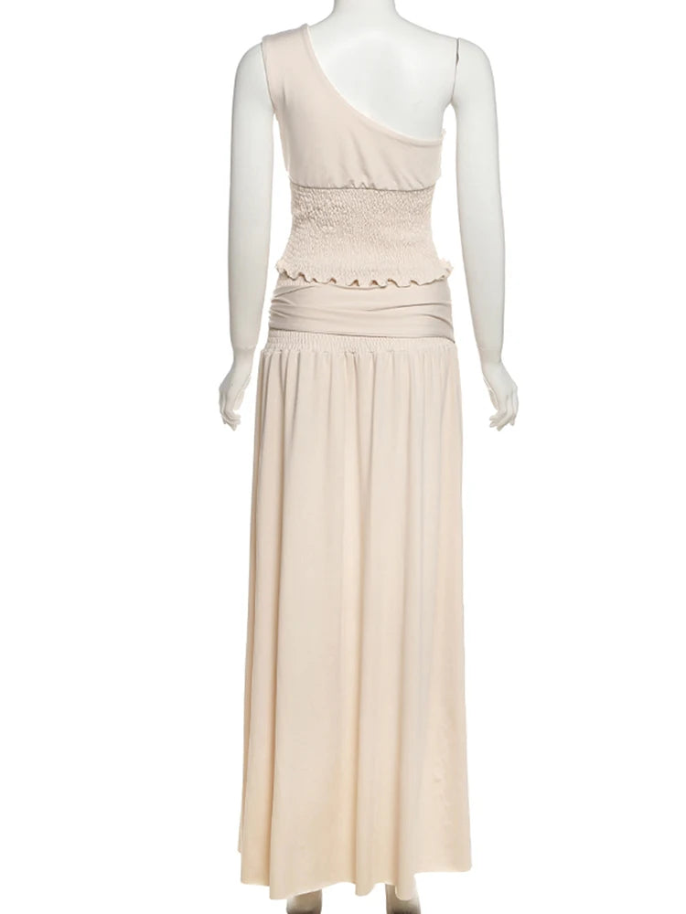 Ruched Elegant 2 Piece Set Women Skew Collar Backless Crop Tops+Metal Buckle Decoration Skirts Matching Solid Outfits