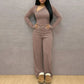 Two Piece Matching Set Asymmetric Long Sleeve Top and High Waist Wide Leg Pants Elegant Fall Outfits Woman