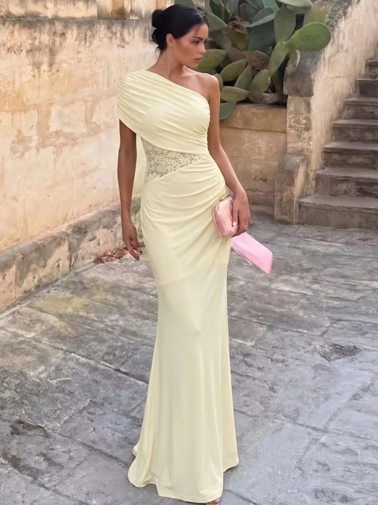 Lace One Shoulder Sexy Maxi Dress Women Elegant Diagonal Collar Sleeveless Backless Bodycon Club Party Long Dresses