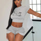 Letter Print 2Piece Set Women Raw Edge o-Neck Crop Tops+Lace-Up Shorts Sporty Street Matching Summer Casual Tracksuit