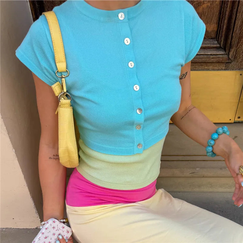 Women Cropped Knit Cardigan Short Sleeve Button Down Round Neck Slim Fit Lightweight Summer Knitwear Daily Wear Cardigan