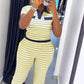 Trend Striped Print 2 Piece Set Women Casuals Color Blocking Turn Down Collar Short Sleeve T-Shirt+Pants Street Suits