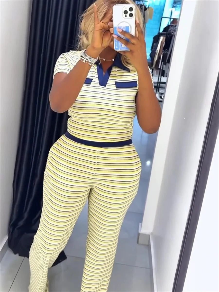 Trend Striped Print 2 Piece Set Women Casuals Color Blocking Turn Down Collar Short Sleeve T-Shirt+Pants Street Suits