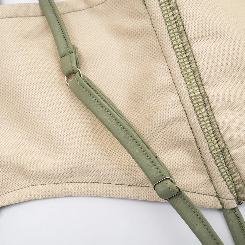 Fashion Heart Metal Trim Faux Leather Mini Dress Woman Lace-Up Halter Deep V-Neck Backless Hot Girls Street Sexy Bodycon