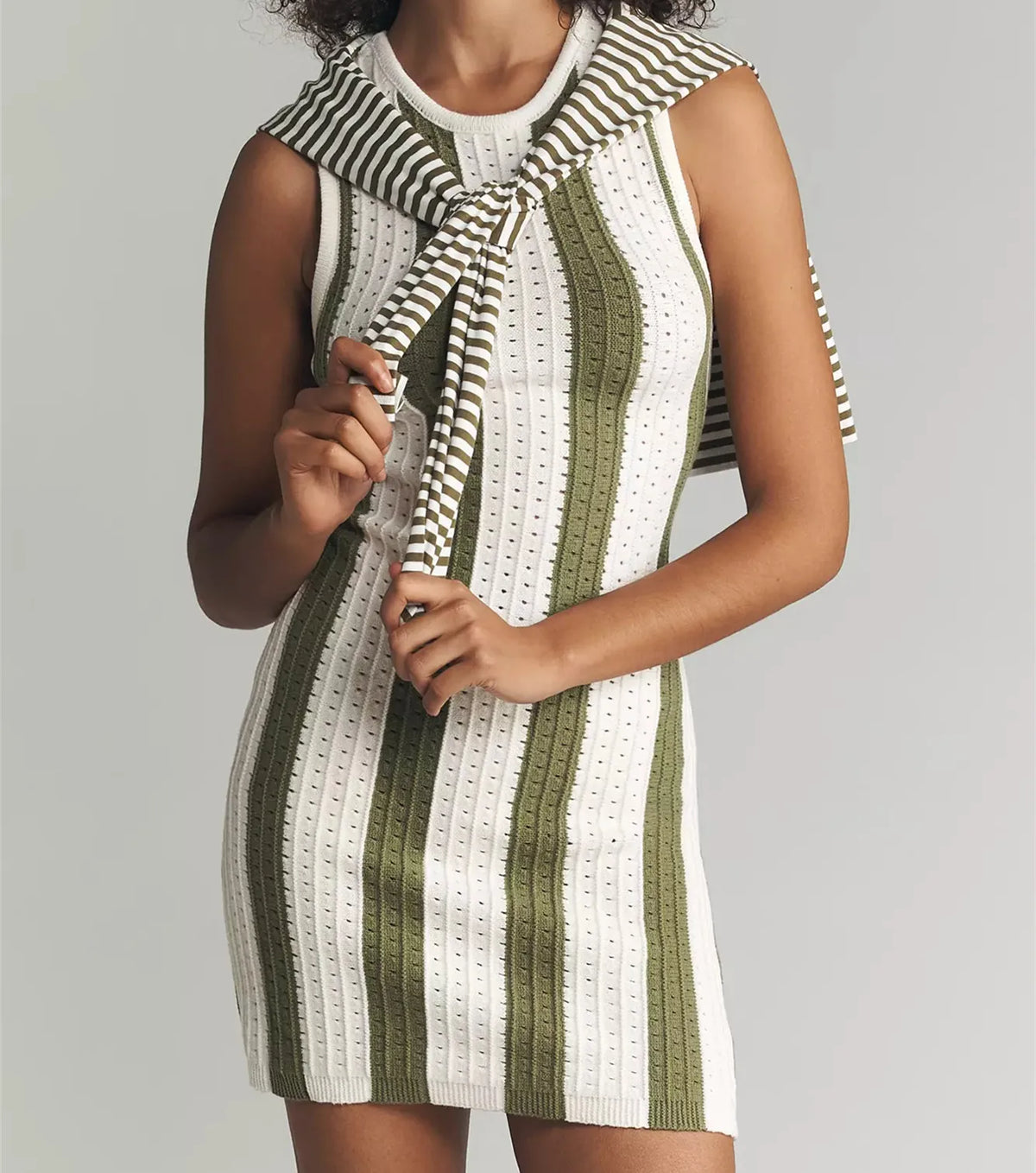 Women Y2K Sleeveless Knit Mini Dress Contrast Striped Hollow Out Ribbed Bodycon Crew Neck Casual Summer Streetwear