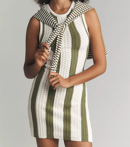 Women Y2K Sleeveless Knit Mini Dress Contrast Striped Hollow Out Ribbed Bodycon Crew Neck Casual Summer Streetwear