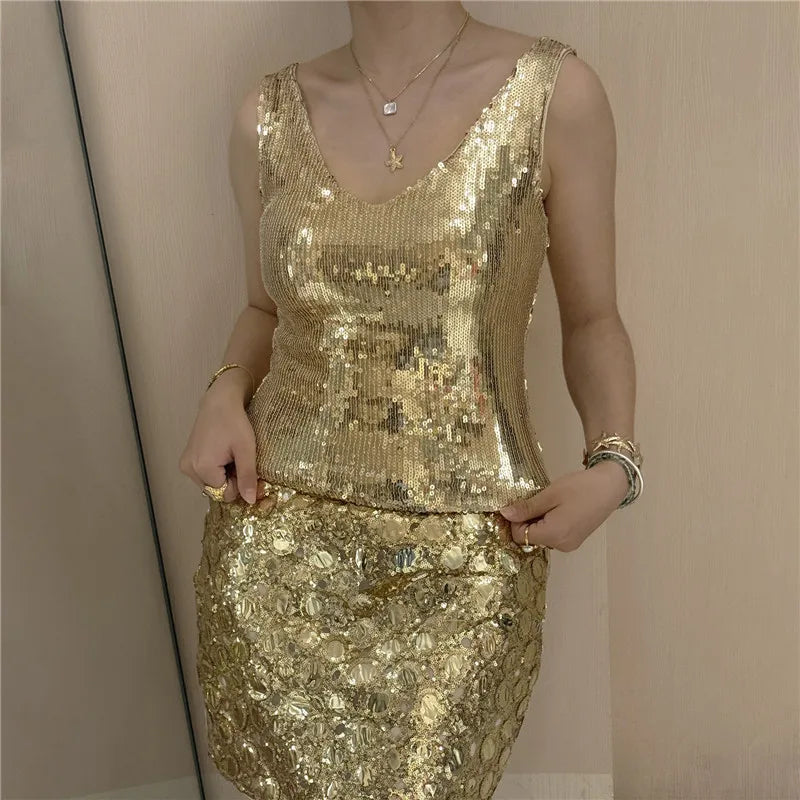 Y2K Glitter Shiny Sleeveless Shirt Vest Sequin Sparkle V Neck Tank Tops Women Slim Fitted Crop Top Festival Rave Clothes