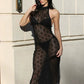 Mesh See Through Sexy Backless Maxi Dress Women Button Halter Sleeveless Midnight Trend Club Party Peach Hip Vestidos