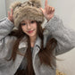 Women's Leopard Print Bear Ears Plush Hat Thick Warm Winter Cap Fashionable Earflap Bucket Hat for Ladies