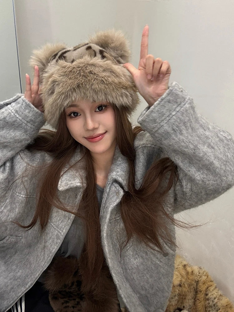 Women's Leopard Print Bear Ears Plush Hat Thick Warm Winter Cap Fashionable Earflap Bucket Hat for Ladies