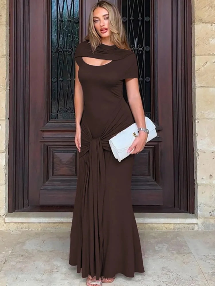 Hollow Out Short Sleeve Sexy Maxi Dress Women Brown Turtleneck Draped Ruched Bodycon Club Party Long Dresses Female