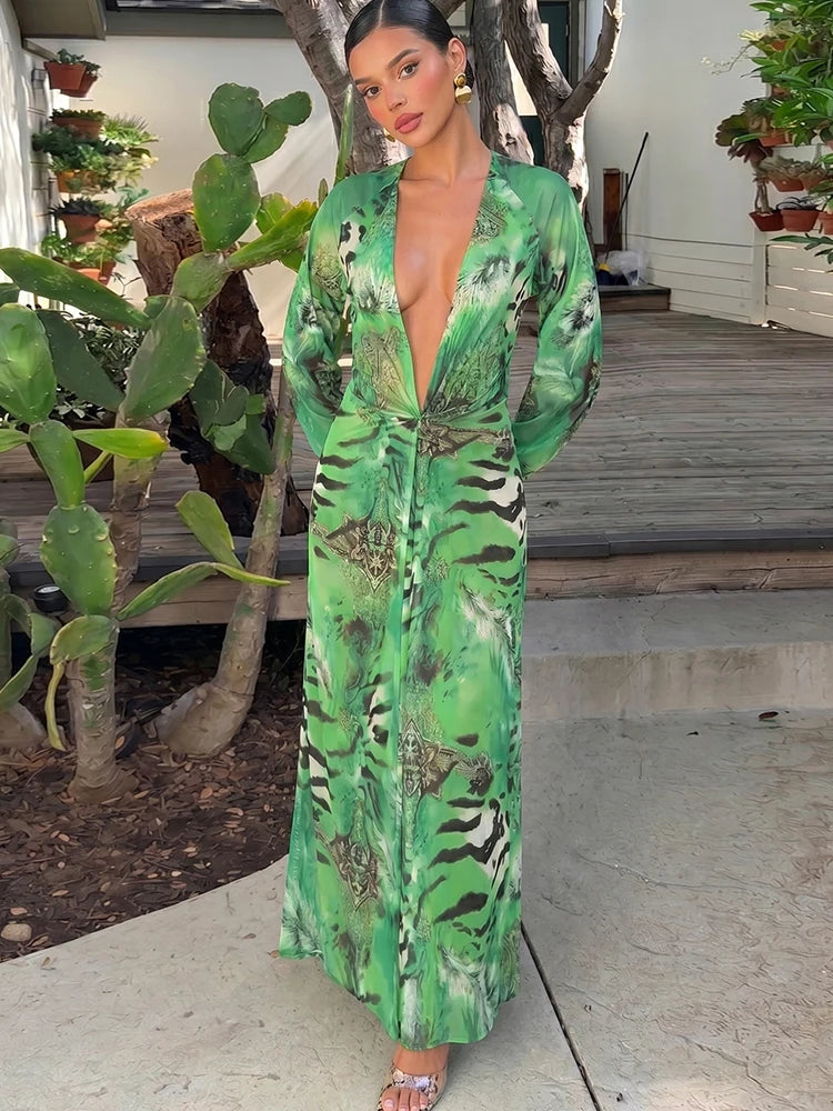 Tiger Stripe Print Long Dress Woman Autumn Trend Deep V-Neck Backless Lantern Sleeve Beach Party Elegant Vestidos