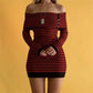 Y2K Women Striped Knit Bodycon Dress Off The Shoulder Long Sleeve Button Detail Slim Fit Mini Dress Night Party Clubwear