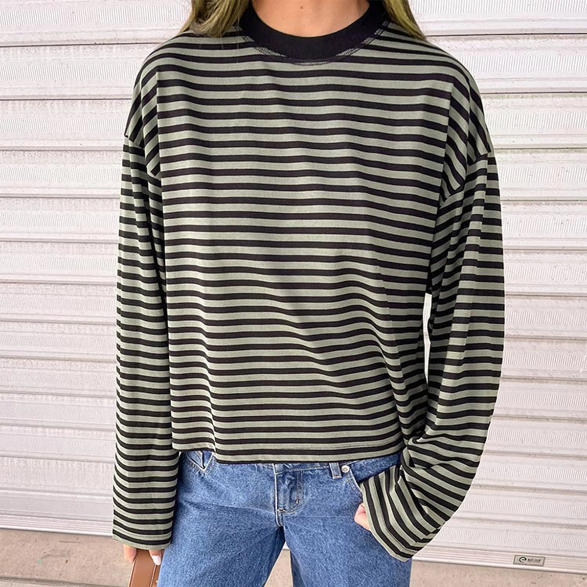 Round Neck Print Striped Pullover Women T-shirt Long Sleeve Casual Y2k T-shirt Femme Autumn Loose Elegant Streetwear