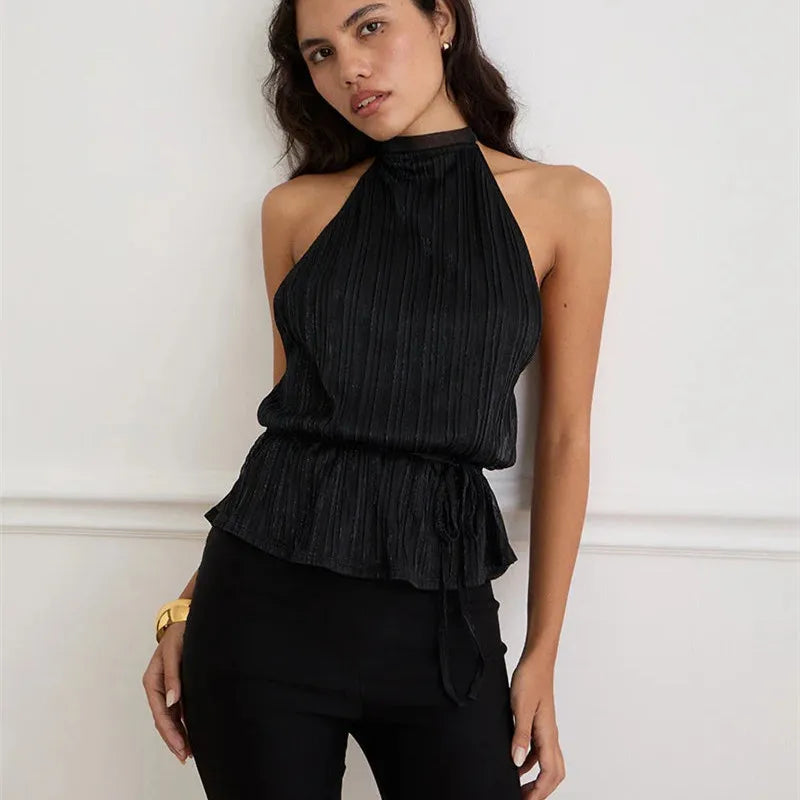 Y2K Summer Backless Halter Neck Crop Tops Sleeveless Tie Up Open Back Shirts Vest Women's Chiffon Pleated Tank Top