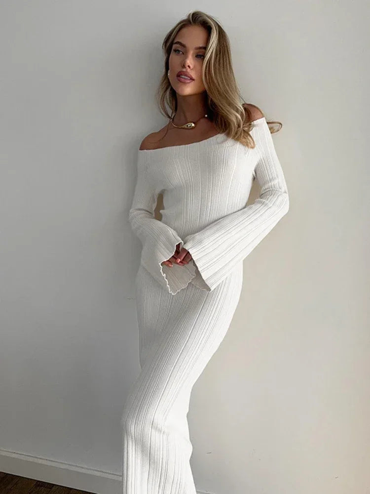 Off Shoulder Flare Sleeve Long Dresses Black Green White Knitted Elegant Dress Fall Clothes 2024 Women