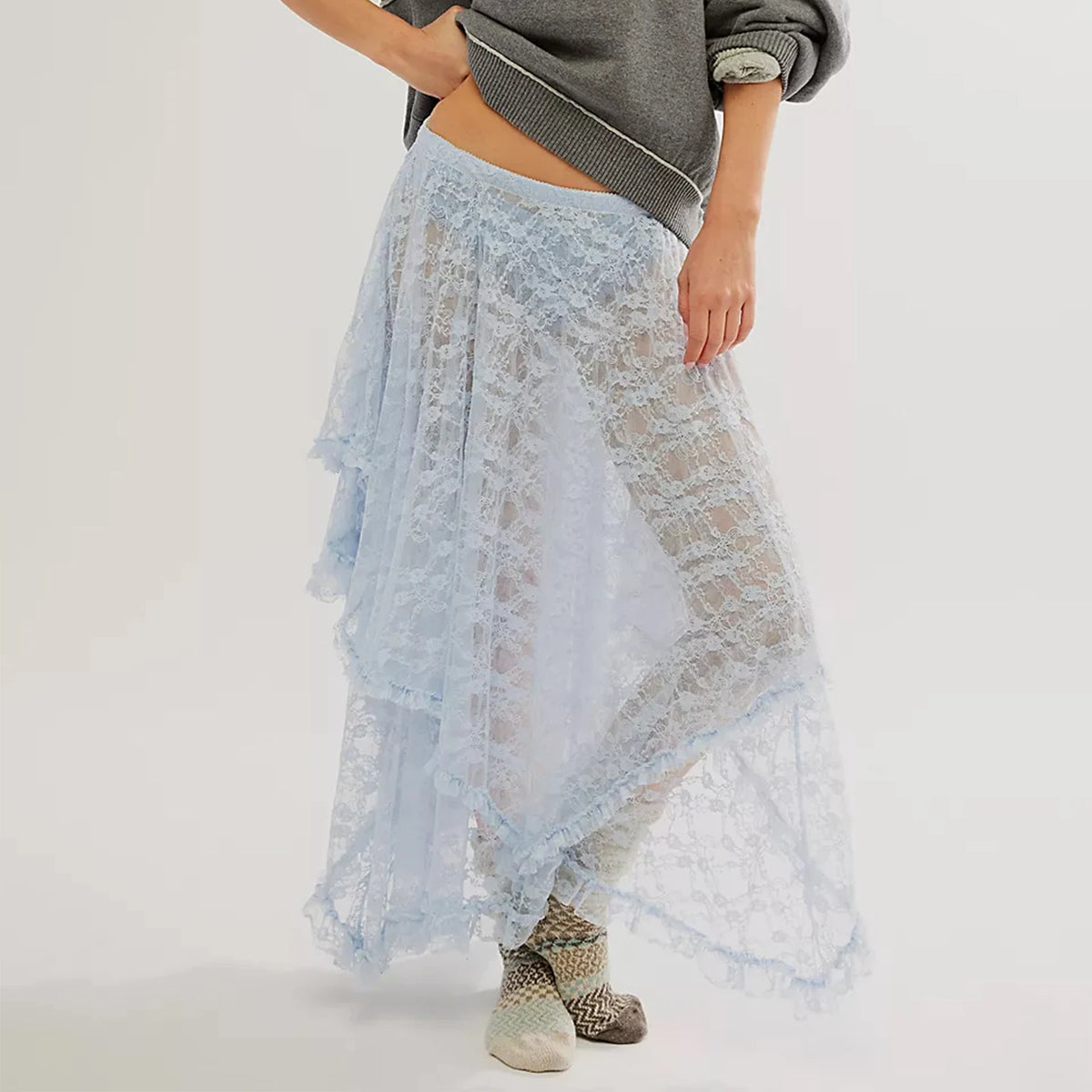 Floral Lace Long Skirt for Women Y2K Elastic Waist Asymmetrical Layered Maxi Skirt Sexy See Through Flowy Beach Skirt