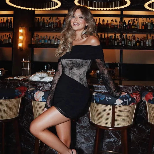 Lace Mesh Sheer Off Shoulder Mini Dress with Sleeves Elegant Sexy Black Party Dress För Birthday Woman