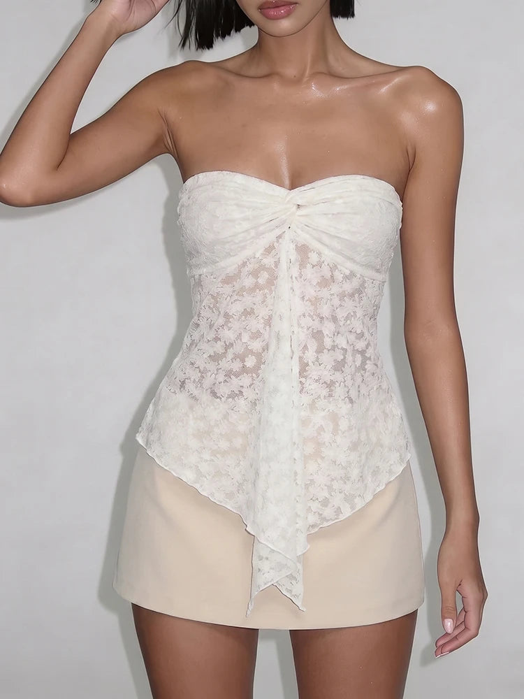 Sexy Jacquard Tank Top Women Hottie Fashion Irregular Hem See Through Ruched Stretch Elegant Trend Party Street Vest