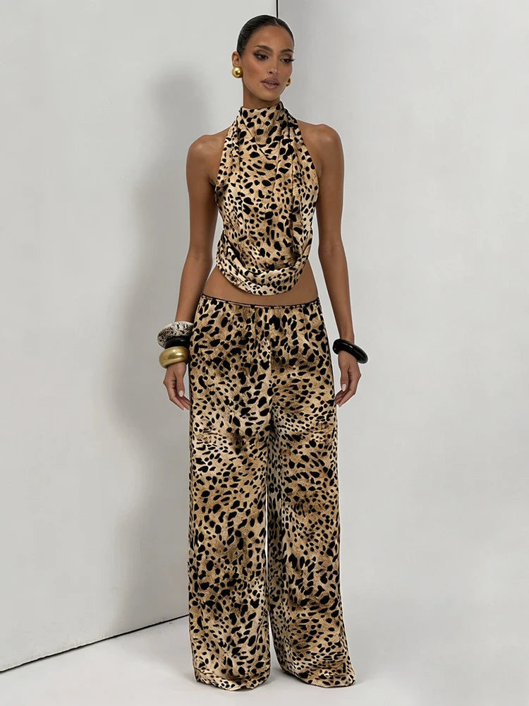 Leopard Print 2 Piece Set Women Hottie Wild Halter Backless Bandages Tank Top+Wide-Leg Pants Fashion Street Suits