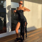 Ruffle Fringe Double High Split Long Dress Summer 2024 Sexy Elegant Black Party Dresses Women Vacation Outfit