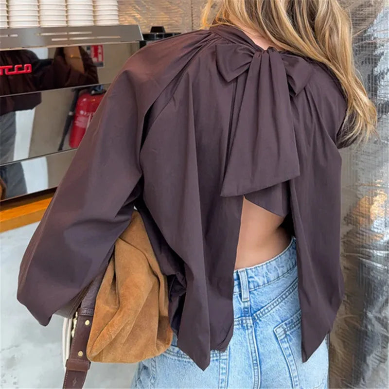 Women Backless Bow Tie Blouse Stand Collar Puff Long Sleeve Pleated Loose Cropped Shirt Solid Casual Daily Going Out Top