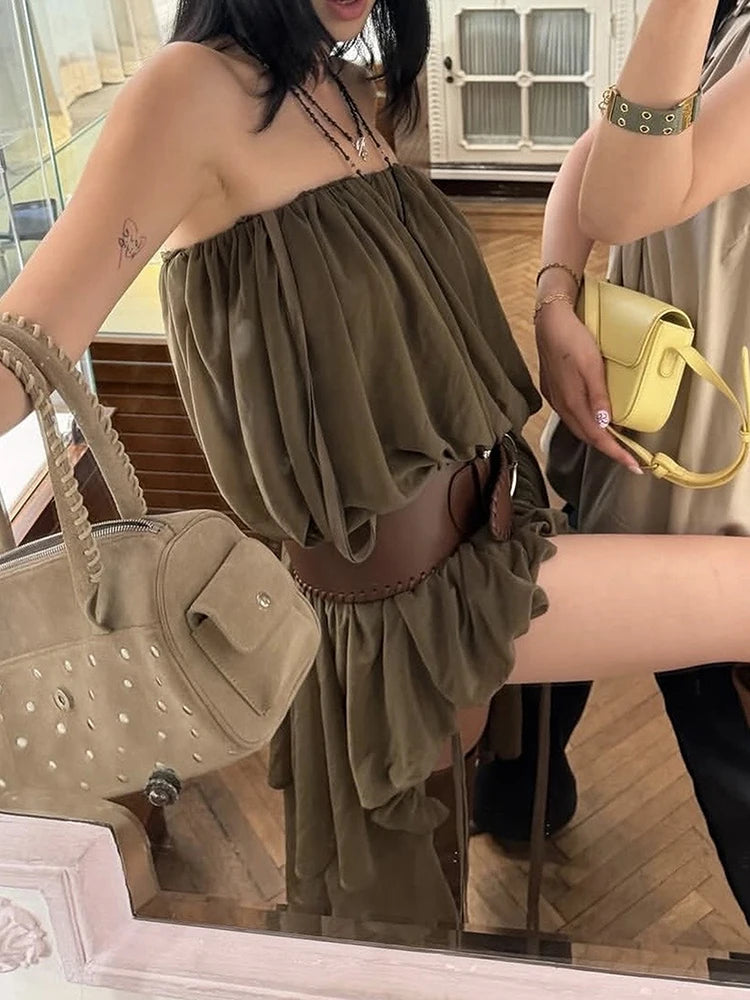 Irregular Hem Dress Women Chest Wrap Folds Drawstring Tassel Sleeveless Solid Summer Fashion High Street Sexy Bodycon