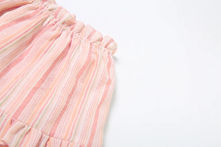 Stripe Print 2-Piece Set Women Y2K Button Puff Sleeve Irregular Crop Top+Edges Skirts Summer Streetwear Matching Suit