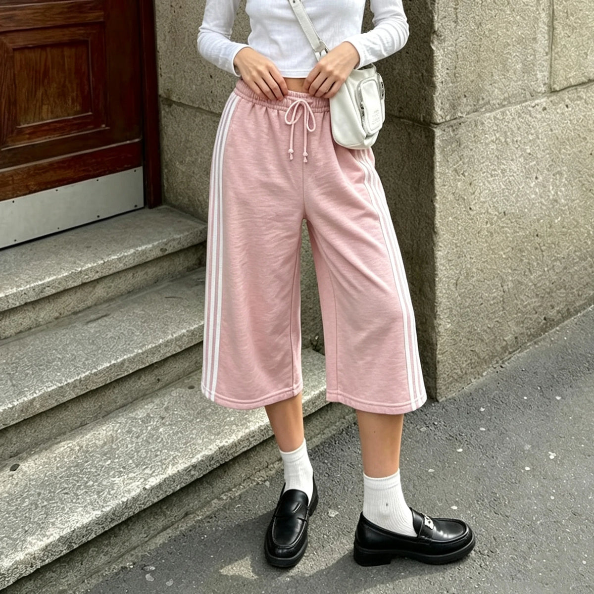 Women Side Stripes Capri Sweatpants Drawstring Elastic Waist Loose Knee Length Casual Sports Cropped Jogger Pants