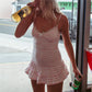 Summer Women Striped Polka Dot Print Bodycon Mini Dress Lace Trim Spaghetti Strap Ruffle Hem Bow Y2K Coquette Dress