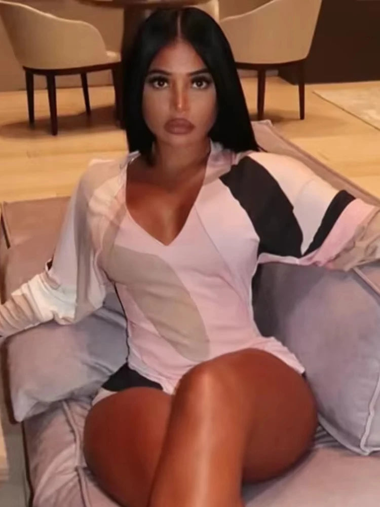 Fashion Contrast Patchwork Design Romper Woman Autumn New Style Low-Neck Full Sleeve Skinny Stretch Hottie Sexy Playsuits