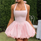 Women Fashion Cocktail Mini Dress Solid/Dots Print Halter Neck Bubble Dress Tie Up A Line Dress Sexy Corset Club Dresses