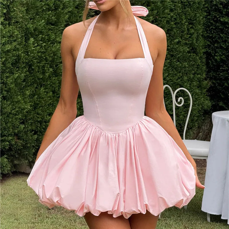 Women Fashion Cocktail Mini Dress Solid/Dots Print Halter Neck Bubble Dress Tie Up A Line Dress Sexy Corset Club Dresses
