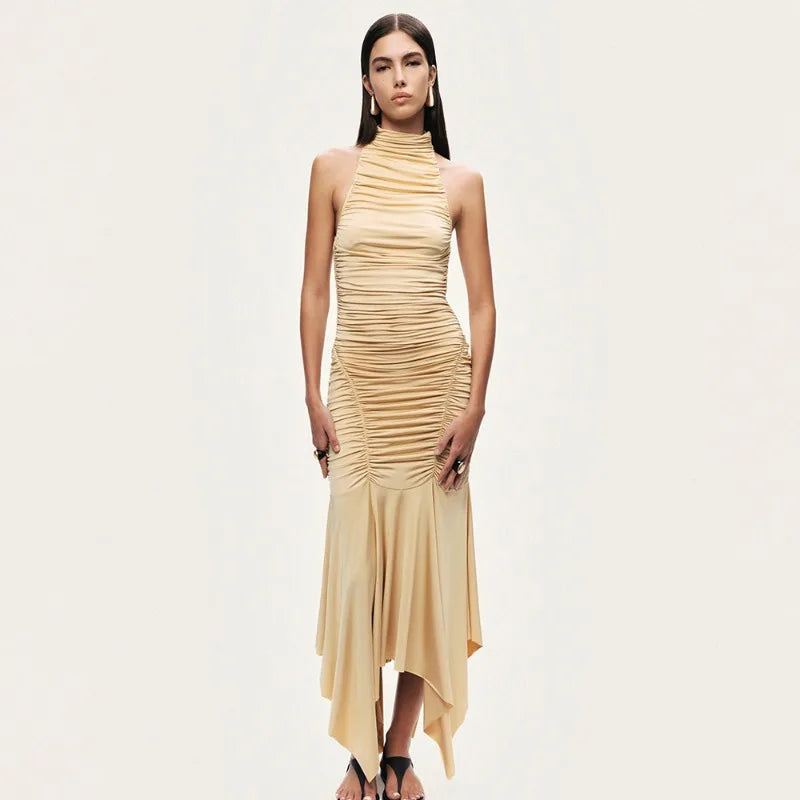 Ruched Sleeveless Long Dress with Asymmetrical Hem 2026 Yellow Classy Dresses for Woman Elegant