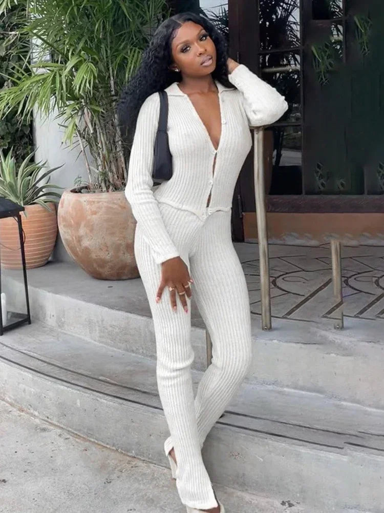 Button Ribbed Knitted Jumpsuit Two Piece Set Fall Winter Clothes Sexy White Long Sleeve Bodycon Jumpsuits