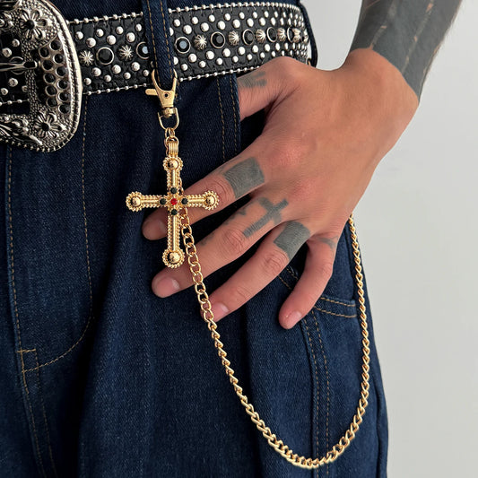 Fashion Punk Cross Rhinestone Pendant Jeans Chain Men HipHop Rock Pants Waist Belt Wallet Bag Chain Jewelry Accessories
