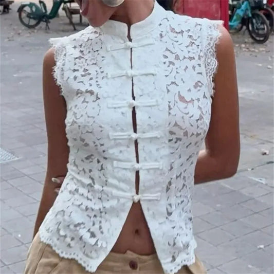 Women Chic Hollow Lace Waist Cinched Tank Shirt Elegant Slim See Through Single Breasted Frogs Top Summer Streetwear