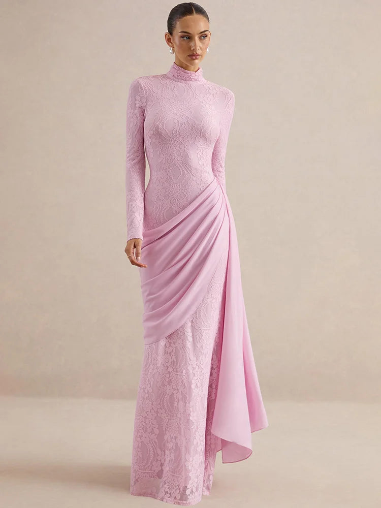 Women High Neck Long Sleeve Lace Maxi Dress Draped Sash Bodycon Mermaid Evening Party Gown Formal Wedding Guest Dress