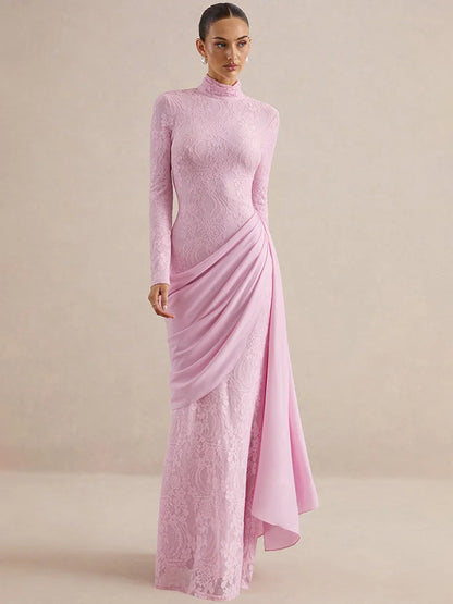 Women High Neck Long Sleeve Lace Maxi Dress Draped Sash Bodycon Mermaid Evening Party Gown Formal Wedding Guest Dress