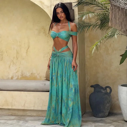Sexy 2 Piece Tie-dye Halter Crop Top and Matching Maxi Skirt Set Holiday Outfits Woman Clothing