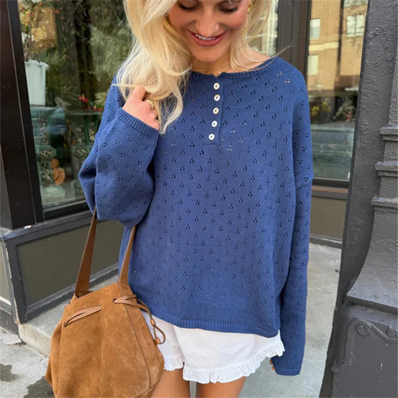 Women Hollow Eyelet Knitted Sweater Henley Button Neck Long Sleeve Loose Cropped Jumper Casual Spring Fall Pullover