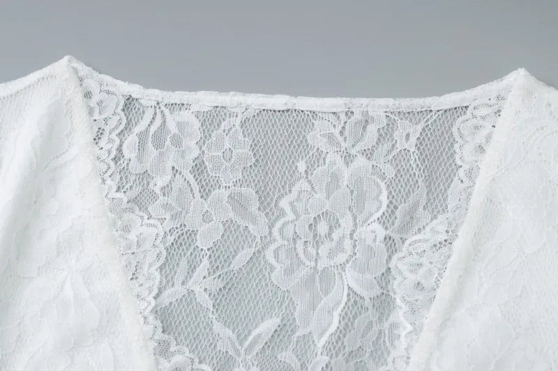 See Through Lace White Shirts & Blouses Tie Front V-neck Cardigan Long Sleeve Top Sexy Woman Clothes