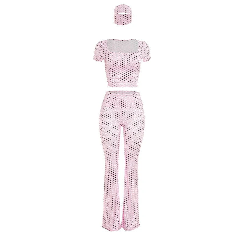 Polka Dot Print 3-Piece Set Women Simple Headband+Square Collar t-Shirt+Elastic Waistbell-Bottoms Sporty Style Suit