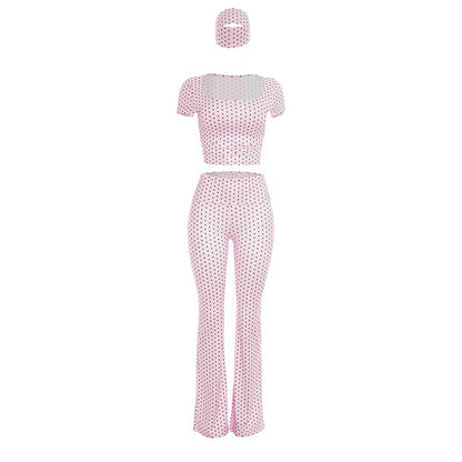 Polka Dot Print 3-Piece Set Women Simple Headband+Square Collar t-Shirt+Elastic Waistbell-Bottoms Sporty Style Suit