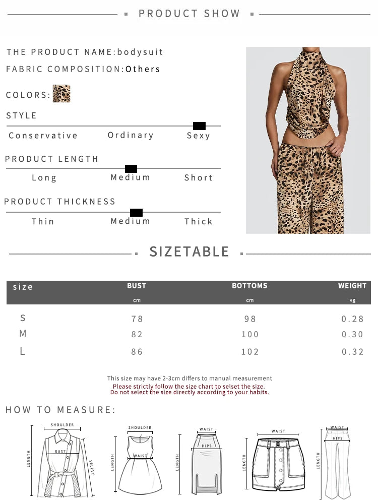 Leopard Print 2 Piece Set Women Hottie Wild Halter Backless Bandages Tank Top+Wide-Leg Pants Fashion Street Suits
