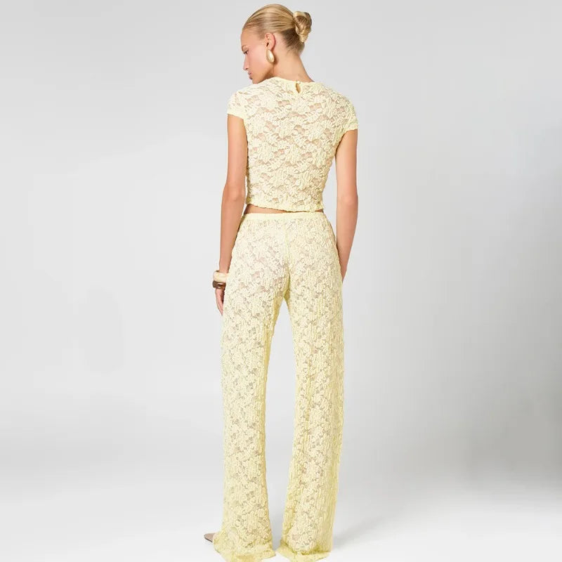 Two Piece Set Yellow Sheer Lace Co-Ord Cropped Top and Wide Leg Pants Summer Vacation Outfits Women 2026