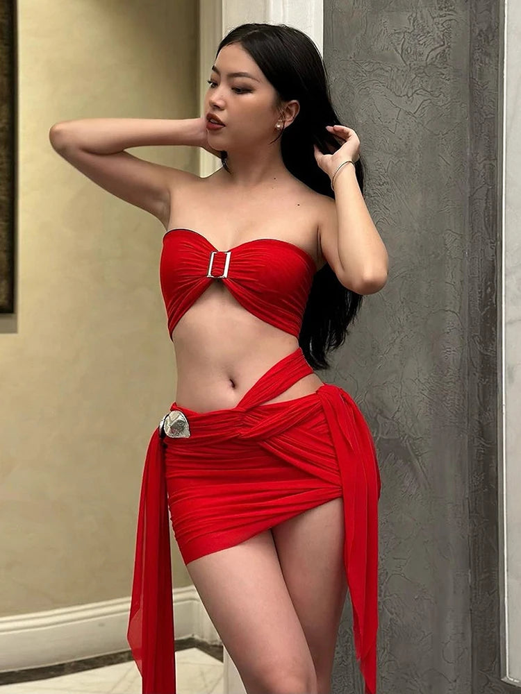 Sexy Irregular Bandage 3-Piece Set Women Chest Wrapped+Chic Sleeve+Lace-Up Skirt Matching Hottie Christmas Outfits