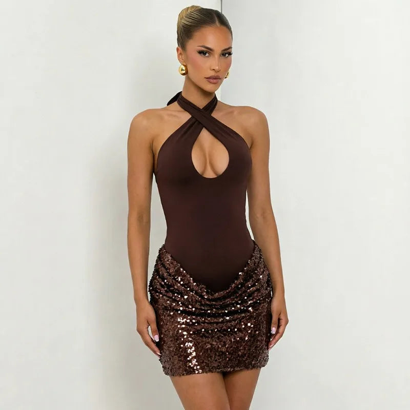 Halter Neck Sequins Mini Dress Woman for Birthday Pictures Sexy Party Dresses Club Wear
