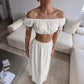 Womens Matching Sets White Off The Shoulder Puff Sleeve Crop Top and Matching Side-tie Skirt Co-ord Set